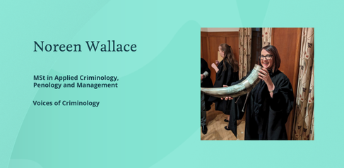 A photograph of Noreen Wallace in a hall, drinking out of a cow horn.