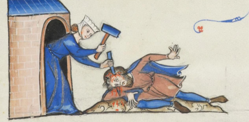 A drawing from a Medieval manuscript, depicting a woman stabbing a man through the head with a knife. 