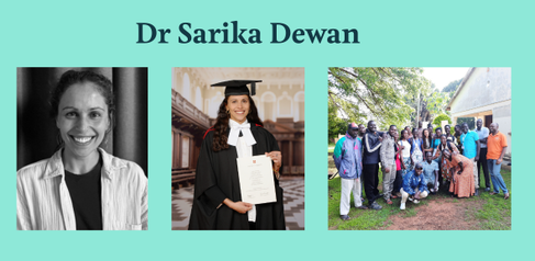 Photographs of Dr Sarika Dewan, including a portrait photo (left), receiving her PhD (centre), and conducting fieldwork in Uganda (right).