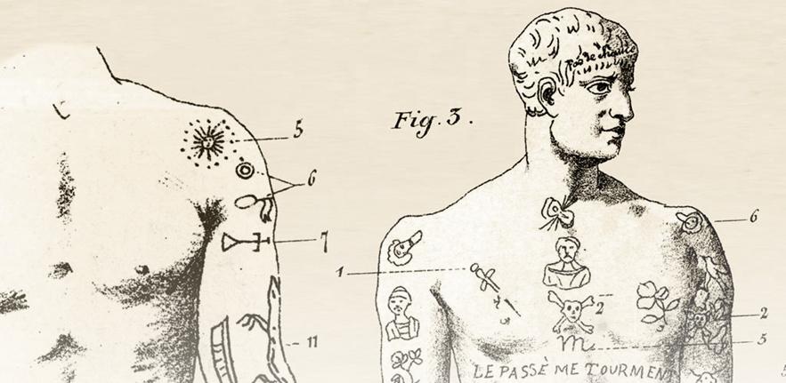 An image of criminals' tattoos from Cesare Lombroso's L'uomo Delinquente.